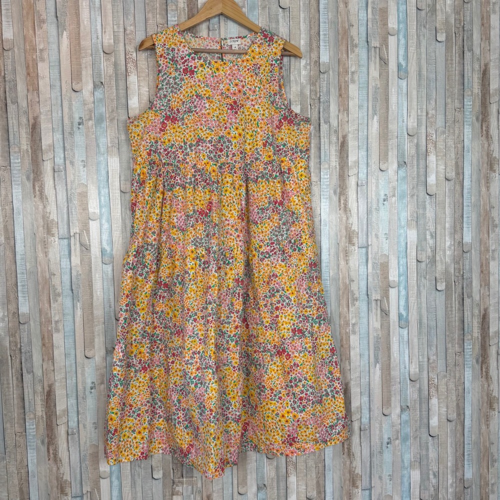 J Crew 16 Mixed Ditsy Floral Tiered Midi Dress Yellow Cotton Sleeveless Pockets